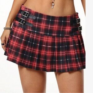 SHEIN Red Black plaid mini skirt Kilt Goth Buckles